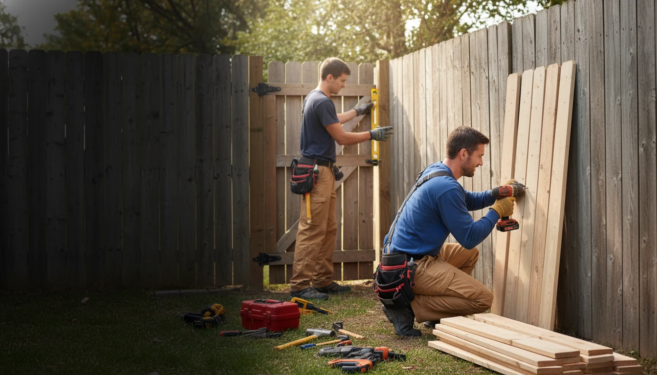 Fence repair crew replacing damaged wood fence boards